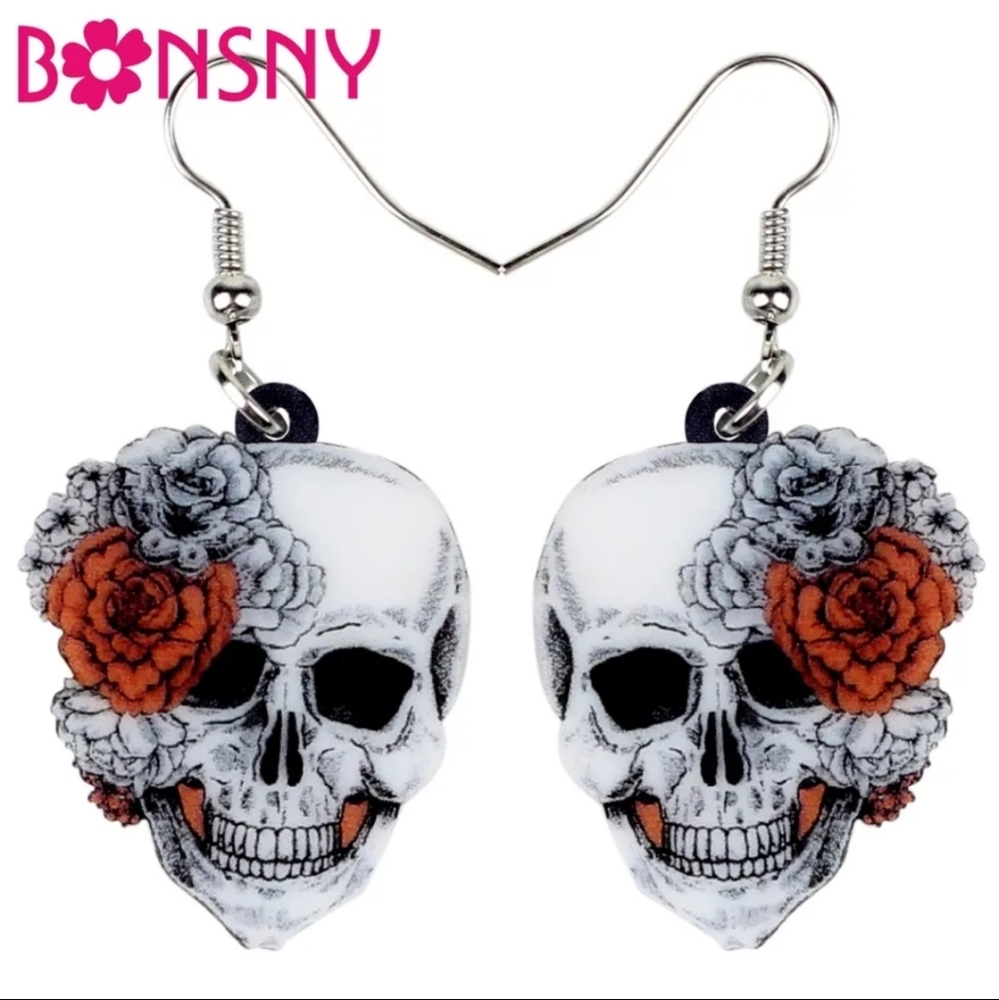 Skull With Red and Gray Flowers Acrylic Earrings